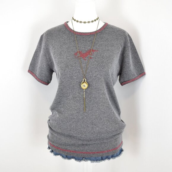 VTG 00s Y2K STEELHEAD Gray Rib Knit Red Dragon Print Short Sleeve T-Shirt Sz S - Picture 1 of 6